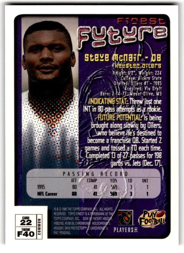 1996 Topps Finest Steve McNair #240 Houston Oilers - Image 2 of 2