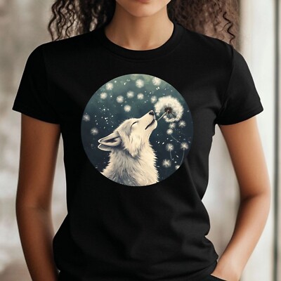 Women's Wolf Dandelion Print Cotton T-Shirt Size S to 3XL