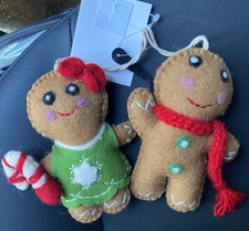 New India Felt Gingerbread Man Boy Girl Plush Christmas Tree Ornaments 4" Set 2