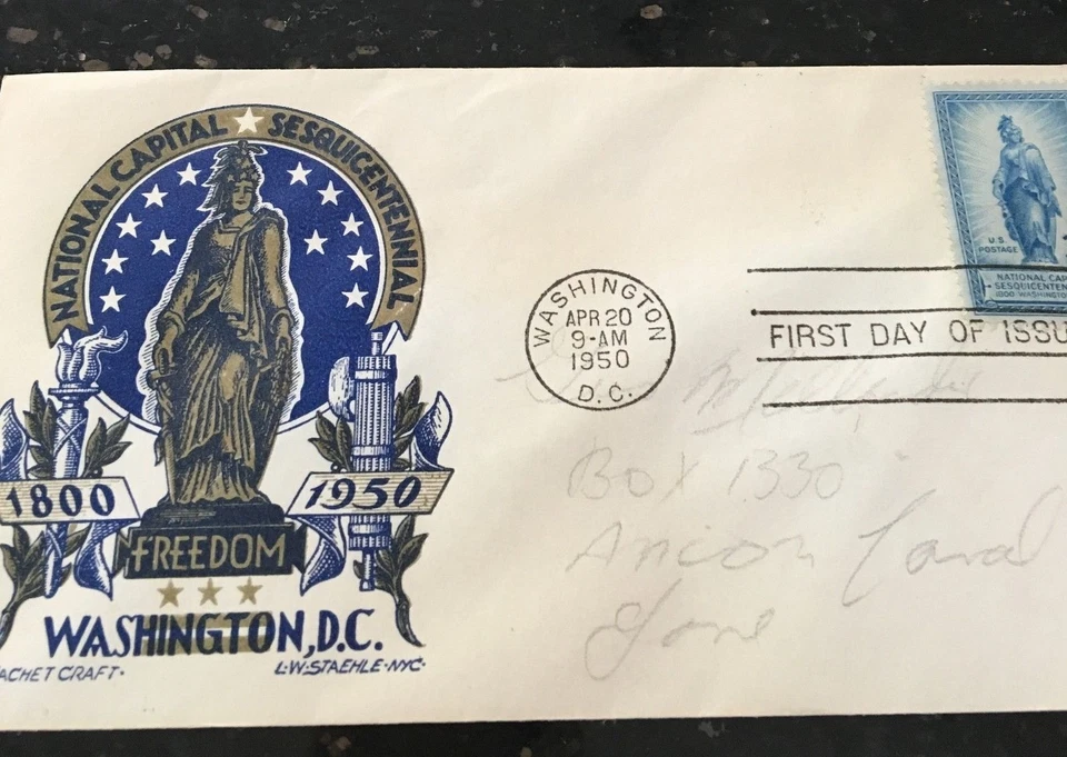 3 CENT BLUE STATUE OF FREEDOM RARE STAEHLE CACHET 1950 Wash DC First Day Issue - Image 4 of 4