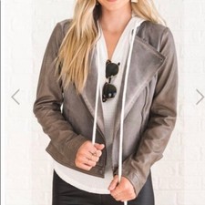 Blanc Noir Womens Gray Taupe Denim Moto Jacke...