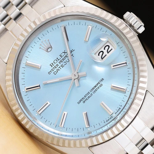 ROLEX MENS DATEJUST 16014 18K WHITE GOLD STEEL ICE BLUE DIAL JUBILEE WATCH