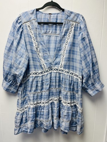 Free People M Blue Mini Dress Deep Plunge Neck Crochet Boho Y2K Gypsy Fairycore