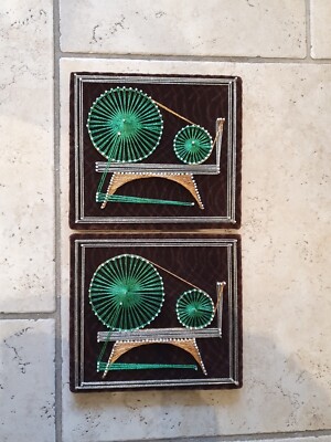 Vintage Paar 70er Jahre STRING ART Mid Century Modern Gold & Grün Webstühle 20x18cm