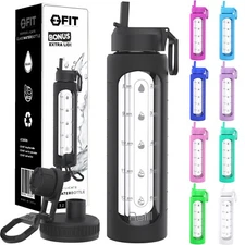 32 oz Glass Water Bottle with Time Marker Reminder and Silicone Sleeve (Black)