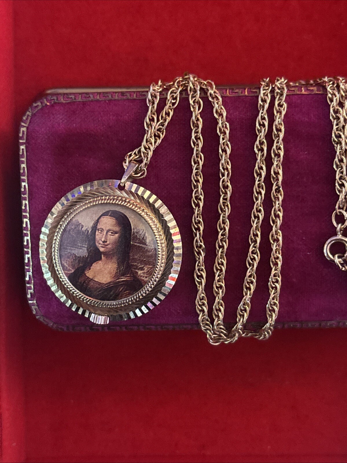 Vintage Mona Lisa Pendant Clock Necklace Garfield Deluxe Swiss Made Estate Jewel