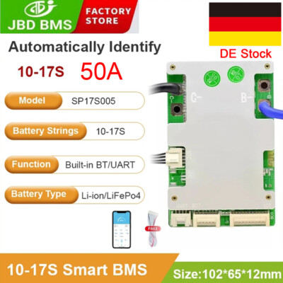 DE DHL - JBD 10S-17S 50A Li-ion Smart BMS Same Port Balance 36V-60V w/ Bluetooth