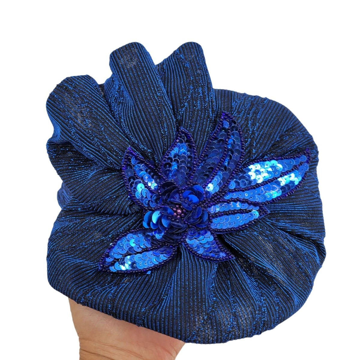 Vintage 80s Flapper Hat Blue‎ Sparke Metallic Sequin 3D Flower Great Gatsby Glam Vintage 80s‎ Flapper Hat Blue Sparke Metallic Sequin 3D  main image 3