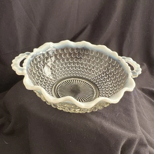 Vtg Anchor Hocking Moonstone Clear Opalescent 2 Handled Round Crimped Bowl