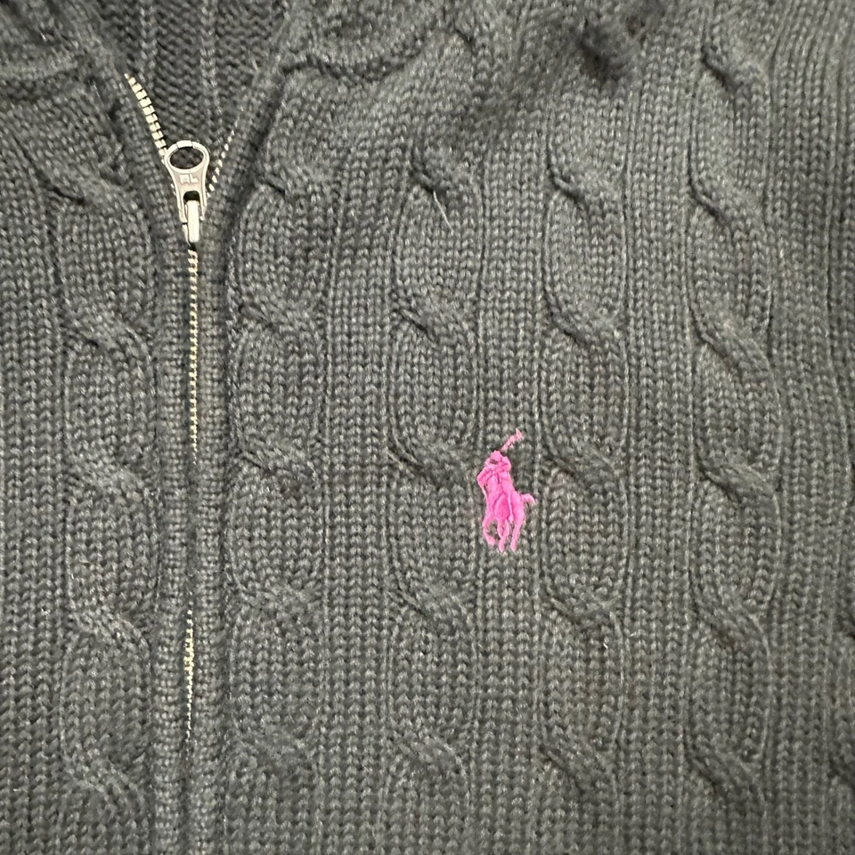 Moletom com capuz feminino vintage Ralph Lauren Sport preto malha cabo grande zíper rosa pônei preppy - Imagem 3 de 4