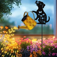 Solar Lights Outdoor Decorative, Watering Can with Cascading Lights, with Dog...