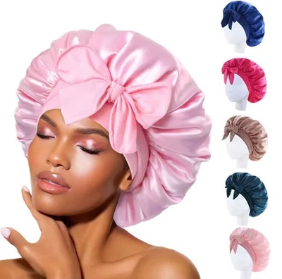 Satin Silk Sleep Bonnet for Women Night Cap Curly Hair with Tie Band 42cm