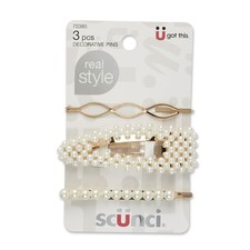 Scunci Decorative Pearl Bobby Pins Hair Clips 3-Pack Gold Faux Pearl