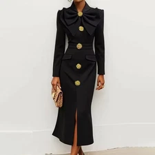 Women's Solid Color Long Sleeve Bodycon Elegant Button Midi Dress With Slit Spri