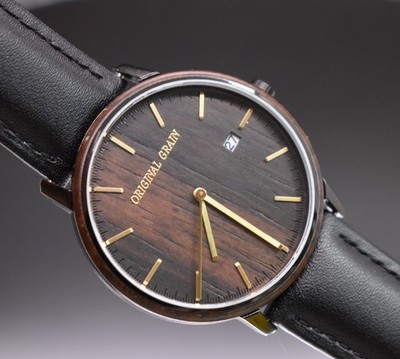 ORIGINAL GRAIN Minimalist Men's Watch Wood Dial Date Black Stainless Leather