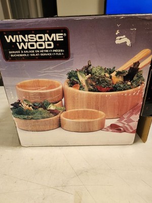 Vtg Beach Wood Salad Bowl Set 6 Piece Winsome 