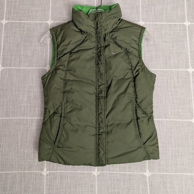 Vintage Y2K Nike Reversible Down Puffer Vest Womens XS Green Swoosh Check 2000s