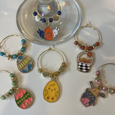 Ostern Weinglas Charms Set 6 Perlen goldfarben Tischdeko Hase Eier Küken SALE