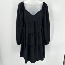 Altar’d State Dress Women’s XS Black Mini Tiered Balloon Sleeves Flared Tie Back