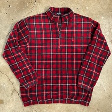 Vintage Y2K Nautica Red Tartan Fleece Quarter Zip Pullover XL Made in Canada
