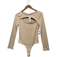 ASTR The Label Womens Thong Bodysuit Size L Nude Ribbed Cutout Long Sleeve Basic