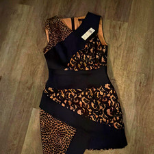 Women’s Black/Beige Floral Lace Overlay Sheath Dress V-Neck Sleeveless Zip 4