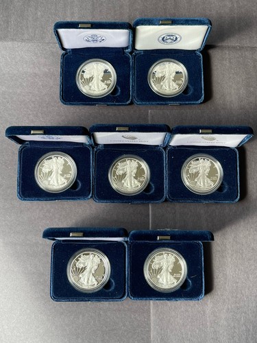(7) 2010 2017 W Proof Silver American Eagle 1 troy ounce .999 Box COA (No 2013)