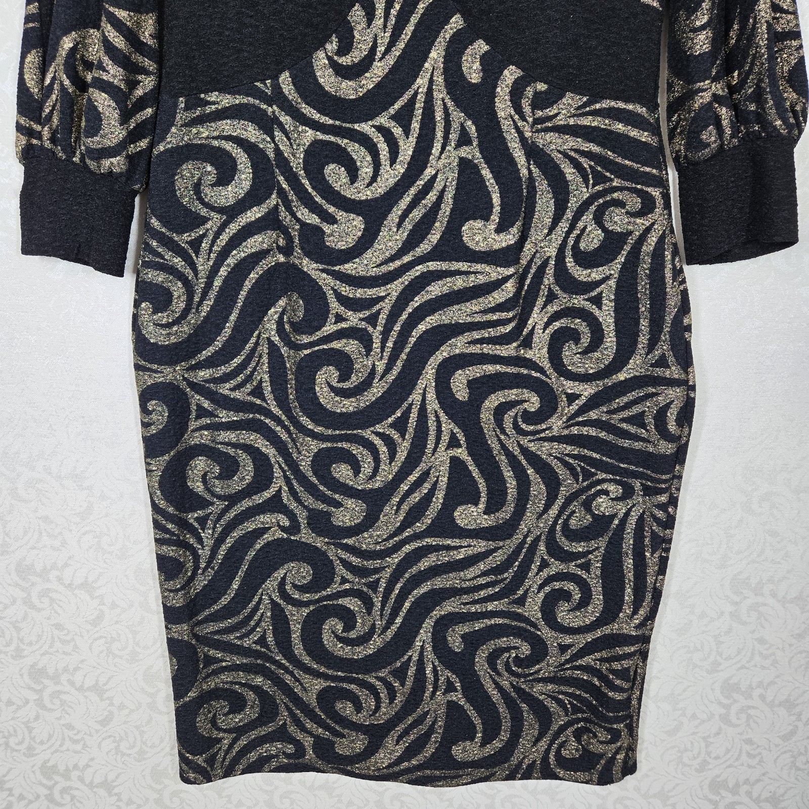 Kayla by Tally Taylor Sheath Midi Dress sz 14 Black Metallic Gold Stretch Fitted