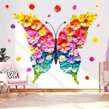 Large Flowers Butterfly Wall Decals Peel and Stick, Floral Paper Butterfly Vi...