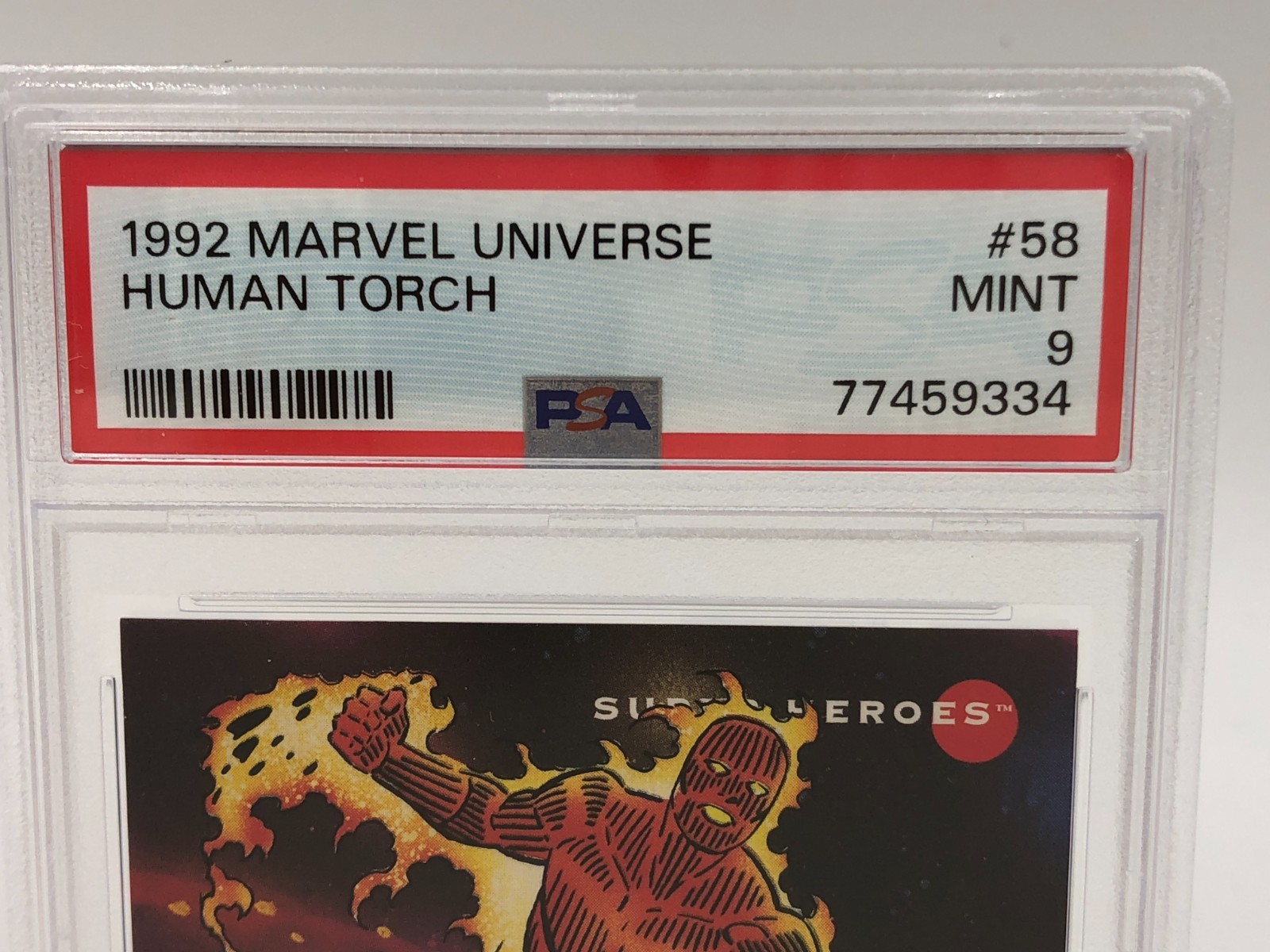 1992 MARVEL UNIVERSE trading card HUMAN TORCH #58 MARVEL MCU graded PSA MINT 9 view 2