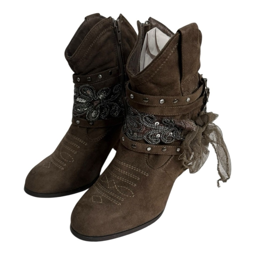 Not Rated Western Ankle Boots Women’s 6 Brown Suede Embellished Sequin Bow