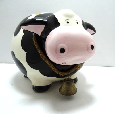 Ceramic Adorable Cow Piggy Bank White Black Fat Cow Bank with Bell Necklace