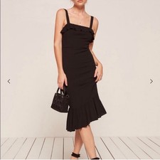 Reformation Frida Black Square Neck Ruffle Midi Dress NWT