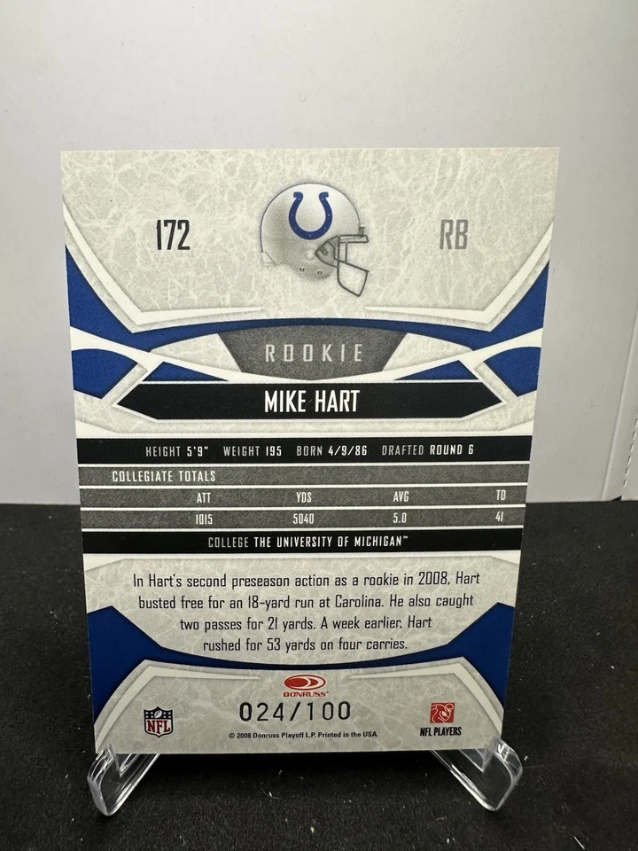 2008 Donruss Gridiron Gear #172 Mike Hart RC Indianapolis Colts /100 - Image 2 of 2