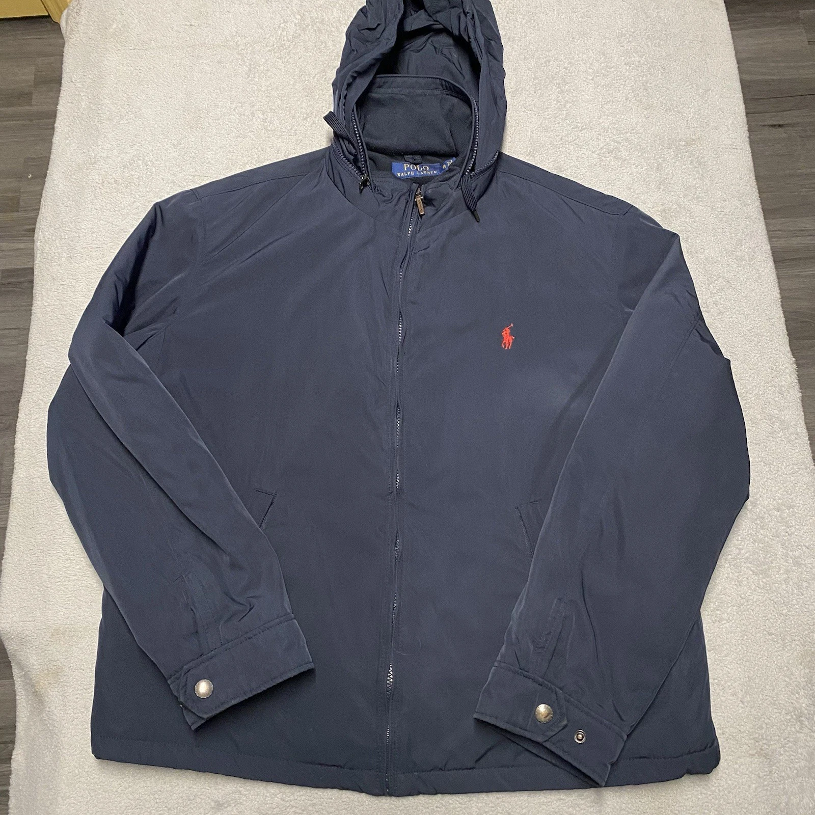 Polo Ralph Lauren Jacket Mens XL Navy Blue Shell Fleece Lined Packable Hood Pony