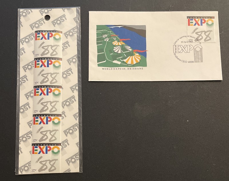 Australia Expo “88” Strip Of 5 Stamps and opening Cover. MNH.