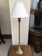 Narrow Column Style Table Lamp in Gold Coloured Metal with Cream Mini Cone Shade