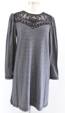 NWT Ann Taylor Loft Gray Black Striped Cutout Lace Neckline Shift Dress Size S 