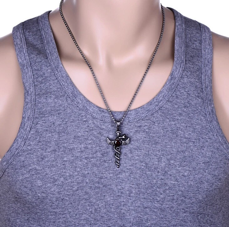  Collar colgante cruz circonita cúbica imitación zafiro alas de ángel de acero inoxidable para hombre Foto 4 de 4