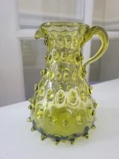 Vintage Fenton Avocado Green Spike Hobnail Small Glass Pitcher 6 Inches Tall