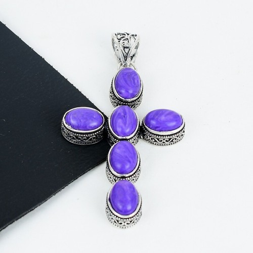 Charoit Kreuz Edelstein Anhänger 925 Sterling Silber Handgemacht Schmuck Damen - Bild 2 von 4