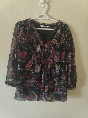 Paradigma Blouse Women smissing Size PP 19.5  L25.5  Sheer Print 3/4 Sleeve