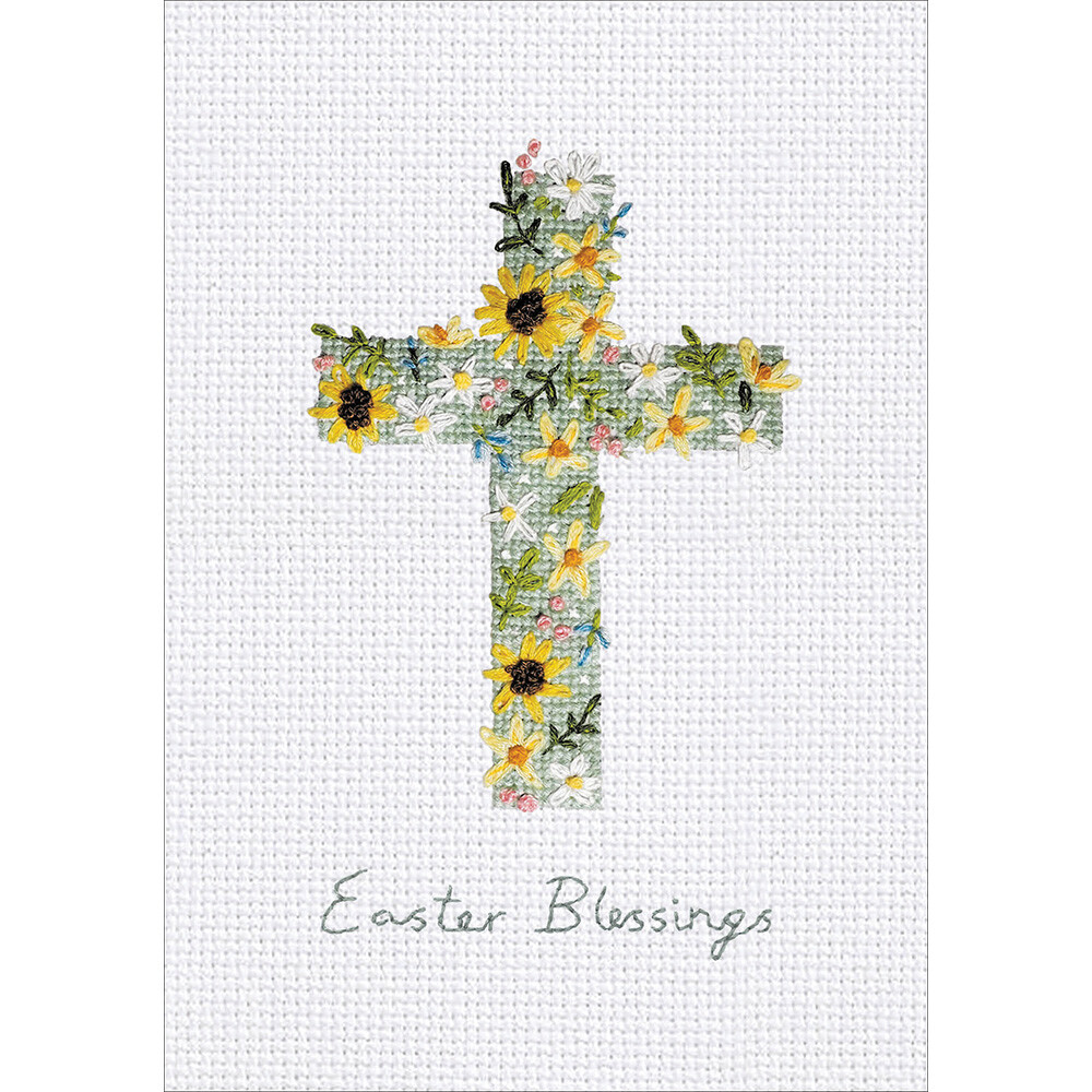 Floral Cross Embroidery Style Easter Card – Traditional Christian Greeting Card