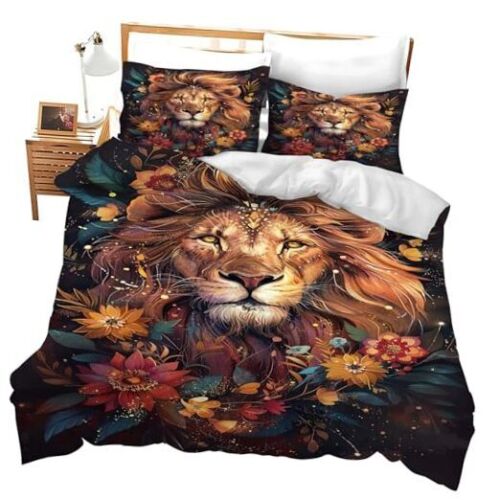 Lion Twin Bedding Set Black Lion Animal Flower Home Room Decor 3 Pieces