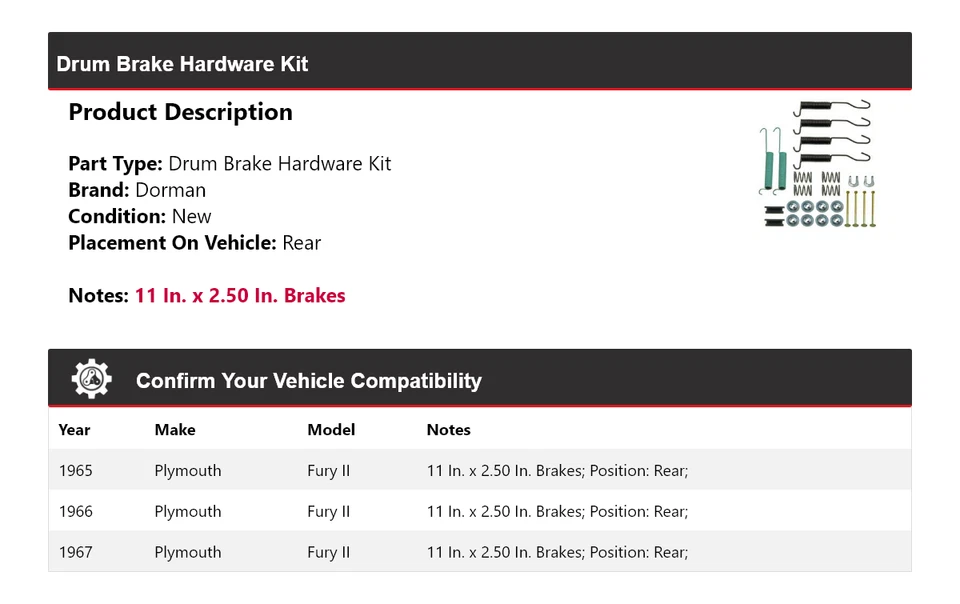 Kit de herrajes de freno de tambor trasero 1966 para Plymouth Fury II Dorman 1965-1967 Foto 2 de 4