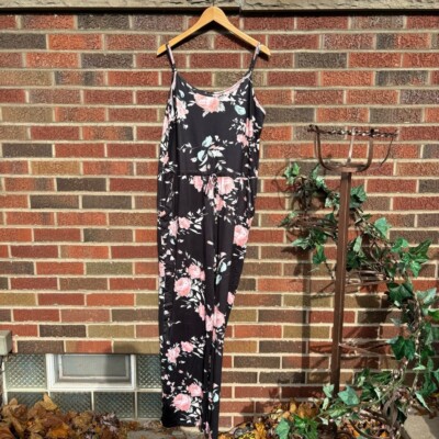 SHEIN Black and Pink Rose Floral Print Spaghetti Strap Jumpsuit