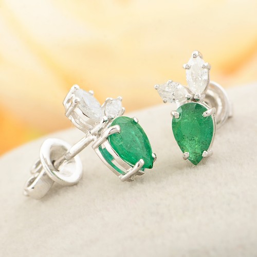 1.02 TCW Zambian Emerald Diamond Stud Leaf Earrings 10k White Solid Gold Jewelry - Picture 4 of 8