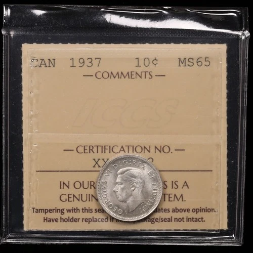 1937 10 Cent ICCS MS65 GEM Canada Silver Dime Blast White KGVI
