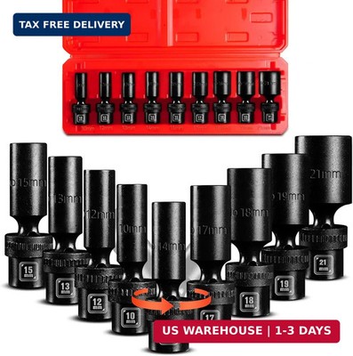 BLACKROBOT 3/8'' Drive Deep Impact Swivel Socket Set, 9-Piece Flexible Wobble Soc
