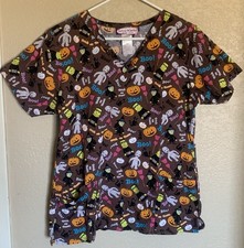 Halloween Scrub Top size M Womens Scrub Works Jack O Lanterns Witches Mummy